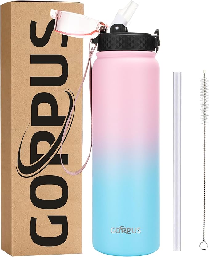 GOPPUS 32 oz Sports Water Bottle 1 Liter Double Wall Insulated Stainless Steel Water Bottles with Straw Lid Reusable Leak proof Metal water bottles with Strap Handle(Pink Blue 1 lid)