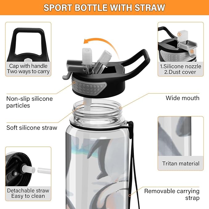 Kigai Cute Penguin Clear Water Bottle with Straw Lid, BPA-Free Leakproof Sport Water Bottle 32oz Large Gym Water Jug for Men Women Travel Fitness Outdoor