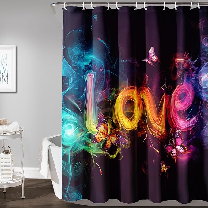 AILONEN Love Theme Shower Curtain for Bathroom,Romantic Smoky Butterfly Bath Curtain,Gradient Love Shabby Chic Print Black Shower Curtain with 12 Plastic Hooks,Waterproof 72" W*96" H