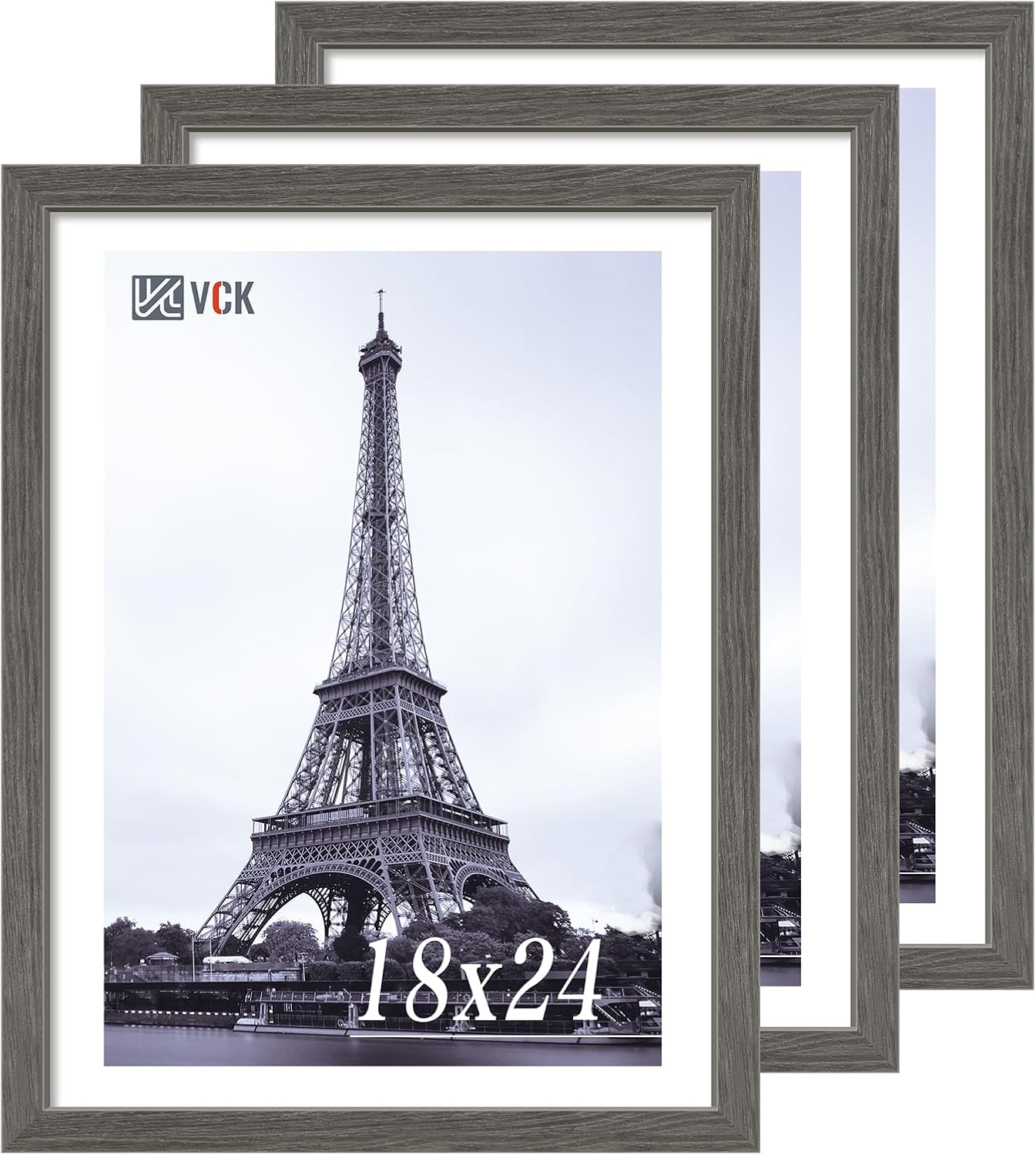 VCK 18x24 Frame Set of 3, Gray Solid Wood Poster Picture Frame, Exclusive Wood Grain, Wall Gallery Frame