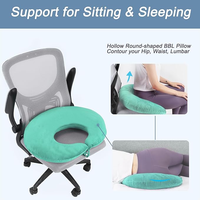 BBL Pillow After Surgery, BBL Pillow for Sitting Sleeping Driving, Hemorrhoid Pillow Seat Support Cushio for Butt with Hole, Butt Donut Pillow for Woman (Green)