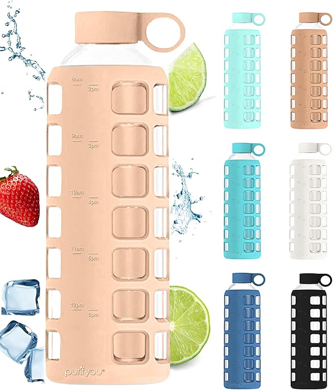 purifyou Premium Glass Water Bottles, 40/32/ 22/12 oz Reusable Drinking Bottle with Time & Volume Markings Silicone Sleeve & Stainless Steel Lid for Water, Coffee, & Fruit Juice (40oz Hazelnut)