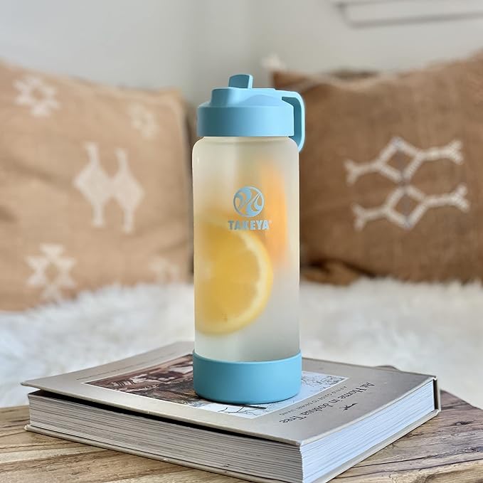 Takeya 22 oz Glass Water Bottle, Shatter Resistant, Premium Quality, Sure-Grip with Straw Lid, Sage