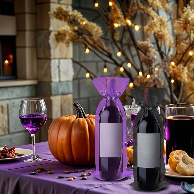 Megitzuu 20 Pieces Organza Wine Bags, 14.6 x 5.5 Inch Wine Gift Bag with Drawstring Sheer Mesh Wine Gift Pouches Bottle Covers for Halloween Christmas Wedding Party Favors (Black+Purple)