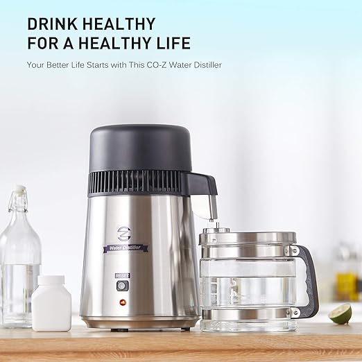 CO-Z Water Distiller 4L Distilled Water Maker with Glass Pot, Brushed 304 Stainless Steel Home Countertop Distiller Water Machine, Distilling Water Purifier Distillers to Make Clean Water
