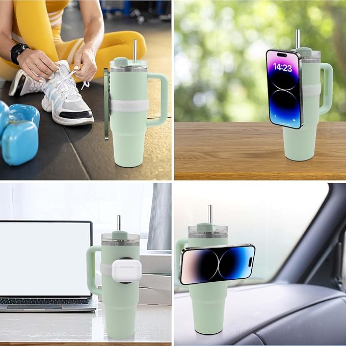 Watter Bottle with Magsafe Phone Holder, Magnetic Holder Adjustable Strap Compatible with Stanley Tumbler Cup Owala 32oz for iPhone Android Devices 2x Metal Iron Ring (White)