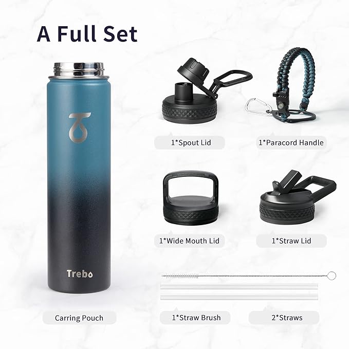 Trebo 24 oz Water Bottle Insulated with Lid and Straw,Double Wall Vacuum Stainless Steel Metal Tumbler Sports Flask with Paracord Handle, Keep Cold 48 Hours Water Cup with 3 Lids, Indigo/Black