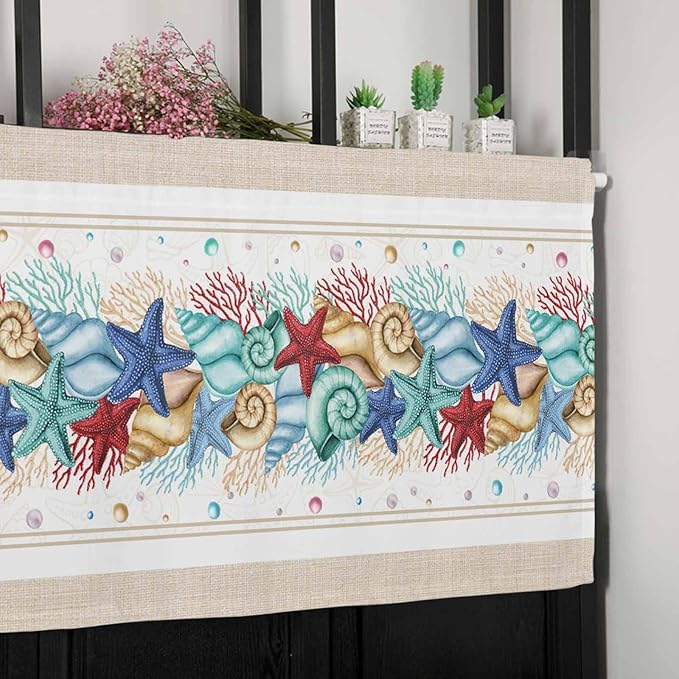 Coastal Beach Kitchen Curtains Valances for Windows Nautical Ocean Seashell Coral Starfish Rod Pocket Window Treatment for Kitchen /Living Room/Bedroom/ Bathroom, 42" X 12", Brown Aqua Summer