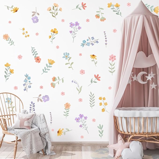 Boho Flower Wall Decals，Watercolor Flower Wall Art，Wildflower Wall Decals，Girls Bedroom Removable Wall Decals，Nursery Kids Room Decor Vinyl Murals DIY Cute Decorations (Wildflower Wall Stickers)