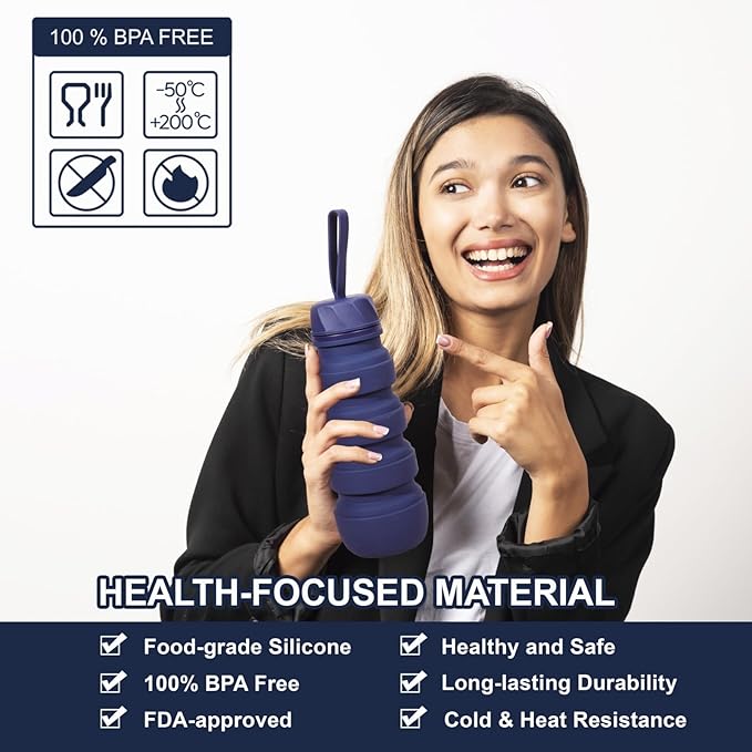 FOLDABLE SILICONE SPORTS WATER BOTTLE BPA FREE FOR WOMEN MEN 550ML CAMPING HIKING OUTDOOR SPORTS DRINKWARE/COLOR BLUE