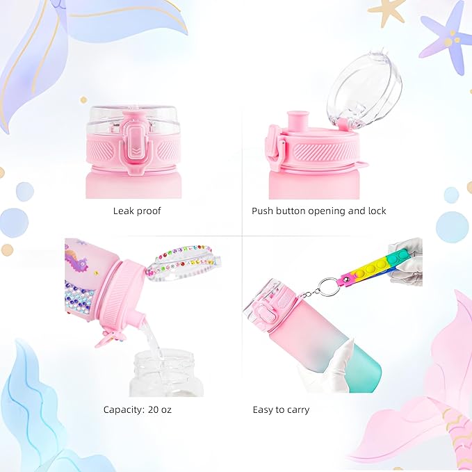 DCDD Decorate Your Own Water Bottle Kits for Girls Age 4-10, Mermaid Kids Water Bottle Stickers for Birthday Gifts, School, Travel and Christmas, 20 oz Leak-Proof