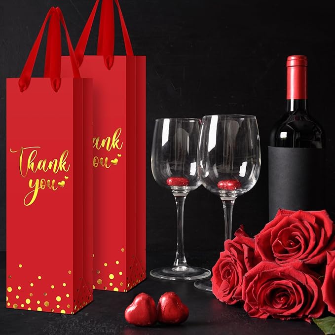 Ctosree 30 Pcs Wine Gift Bag for Wine Bottle Wedding Wine Thank You Gift Bag with Metallic Gold Foil Print Kraft Wine Paper Favor Bag with Attractive Rope Handle for Graduation Bottle(Red)