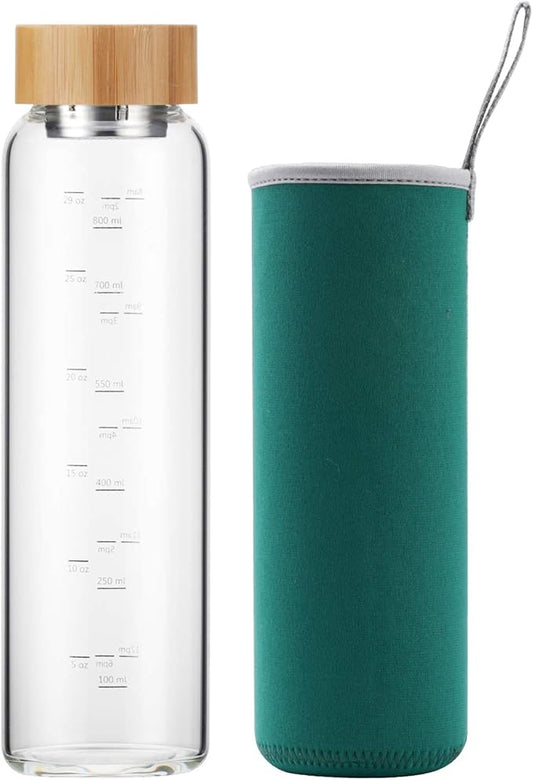 Glass Water Bottle 32 oz Wide Mouth with Sleeve Bamboo Lid Motivational Water Bottle With Time Marker Reusable Safe for Hot Cold Drinks Bpa Free (Green)