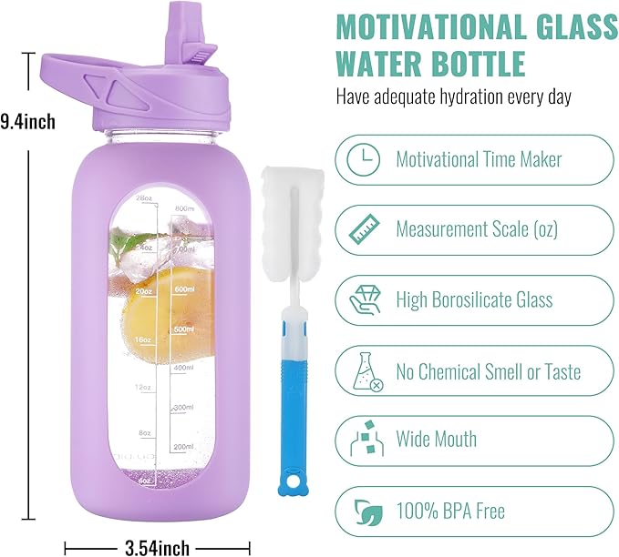 CIVAGO 32 oz Glass Water Bottle with Straw and Handle, Large Sports Motivational Water Bottle Flask with Time Marker, Leakproof Water Jug Canteen with Silicone Sleeve for Gym,Light Purple