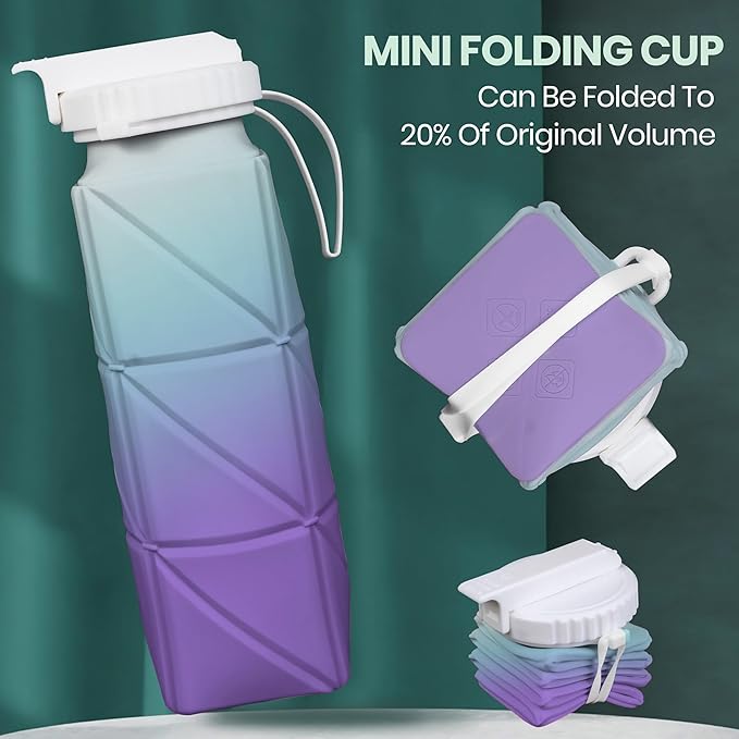 Collapsible Water Bottles with Straw Strap, BPA-Free Leak-Proof Silicone Collapsible Water Bottle Cup 620ml for Travel, Camping, Hiking, Cycling and Outdoor Sports (Blue-Purple Gradient)
