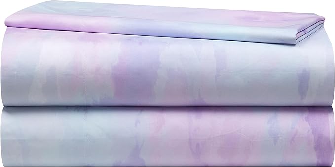 Heritage Kids 3 Piece Sheet Set, Including Top Sheet, Fitted Sheet and Pillow Case, Purple Watercolor Tie Dye, Twin