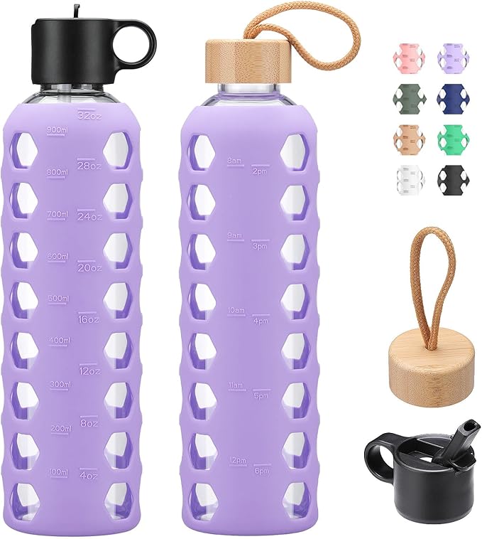 MUKOKO Glass Water Bottles, 32oz Glass Tumbler, Drinking Bottles with 2 Lids-Handle Flip Straw Lid&Bamboo Lid, Motivational Water Bottle with Time Marker and Silicone Sleeve, Leakproof-1 Pack-Purple