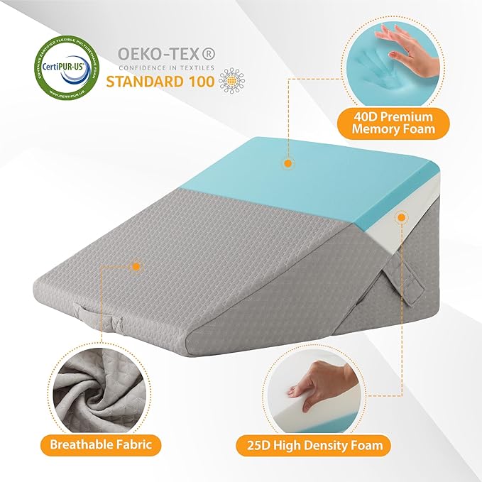 Bed Wedge Pillow for Sleeping, 9&12 Inch Wedge Pillow for Back Pain Relief, Adjustable 7-in-1 Memory Foam Triangle Pillow for Back and Leg Support, Acid Reflux, Snoring & Gerd, Grey