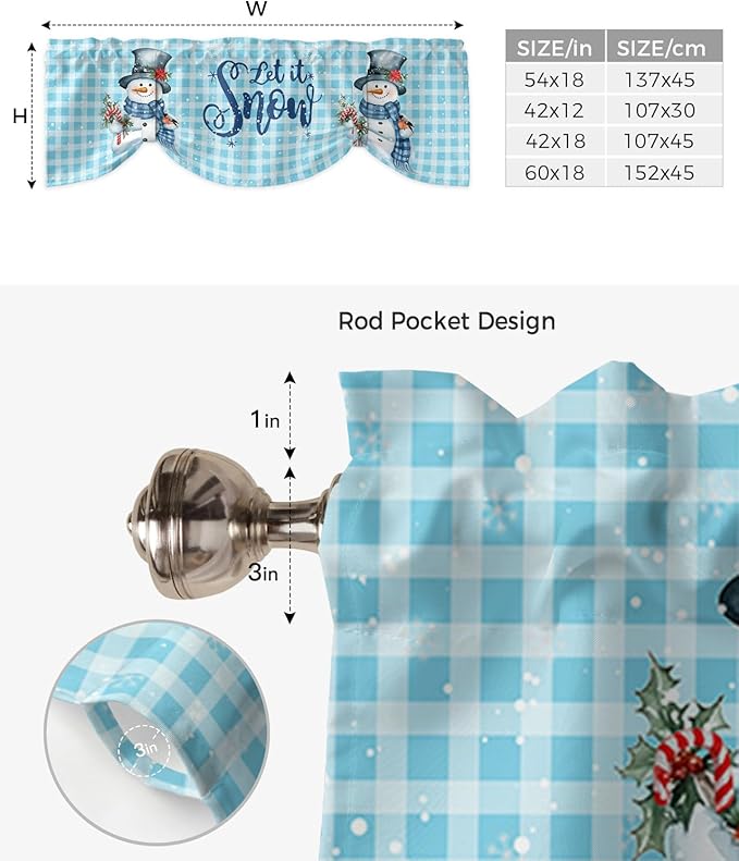 Snowman Christmas Blackout Tie Up Valance Curtains for Kitchen Windows Let It Snow Winter Holiday Window Toppers Balloon Shades for Living Room/Bath/Bedroom,1 Panel, 42" X 18",Blue White Buffalo Plaid