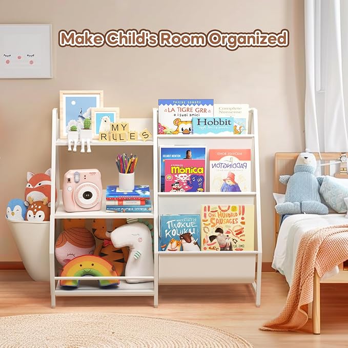 Kids Bookshelf and Toy Storage, Montessori Baby Toddler Bookshelf for Kids, Kids Bookcase Toy Storage Organizer for Kids Rooms, Playroom, Bedroom, Nursery