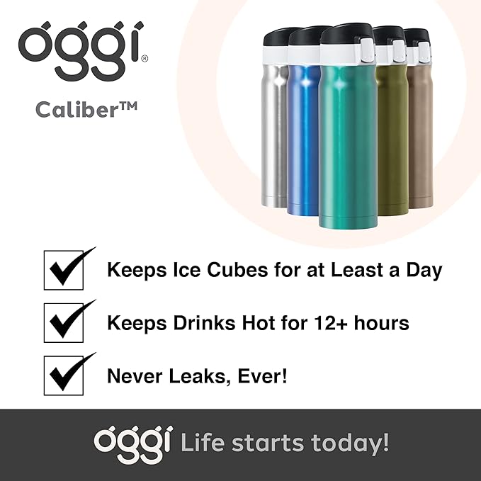 OGGI Caliber Stainless Steel Travel Water Bottle- Insulated Coffee Mug, Metal Water Bottle, Sports Bottle, Water Flask, Travel Bottles, 17oz, Peacock