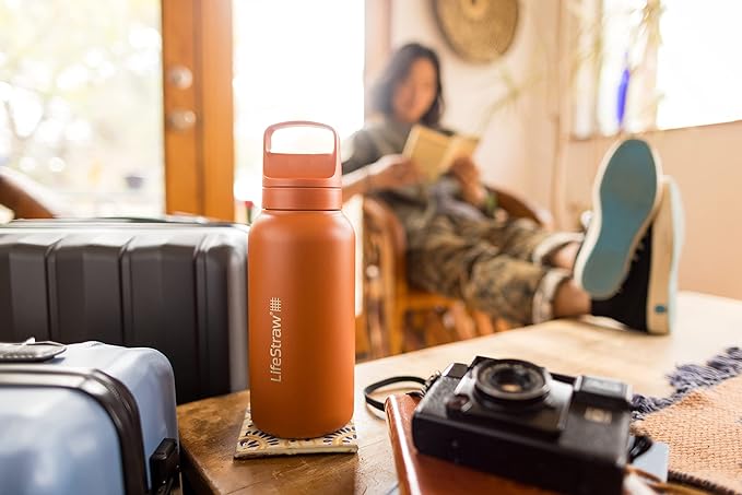 LifeStraw Go Series – Insulated Stainless Steel Water Filter Bottle for Travel and Everyday use removes Bacteria, parasites and microplastics, Improves Taste, 1L Kyoto Orange