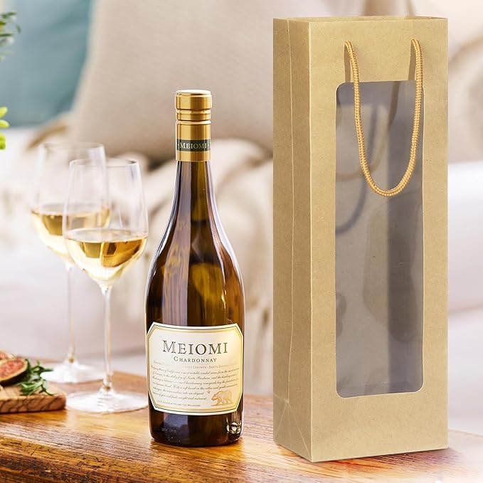 Megitzuu Wine Bottle Gift Bags With Window, 10 Pack Reusable Kraft Paper Gift Bags for Wine Bottle Birthday Party Wedding Bridal Shower