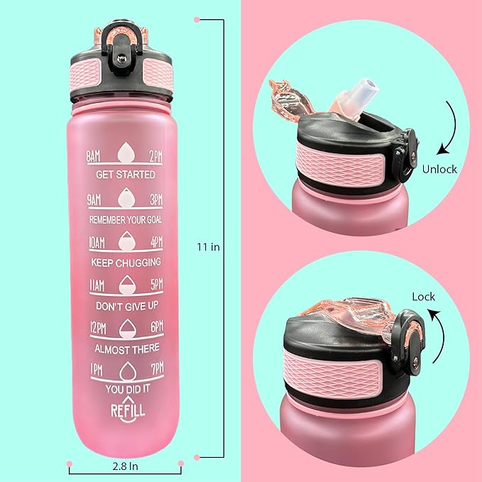 Yaa Fresh Water Bottles, 32oz Motivational Sports Water Bottle with Time Marker-Times to Drink-Tritan, BPA Free, Leakproof water bottle (1 Pack) (Pink), 1101-1
