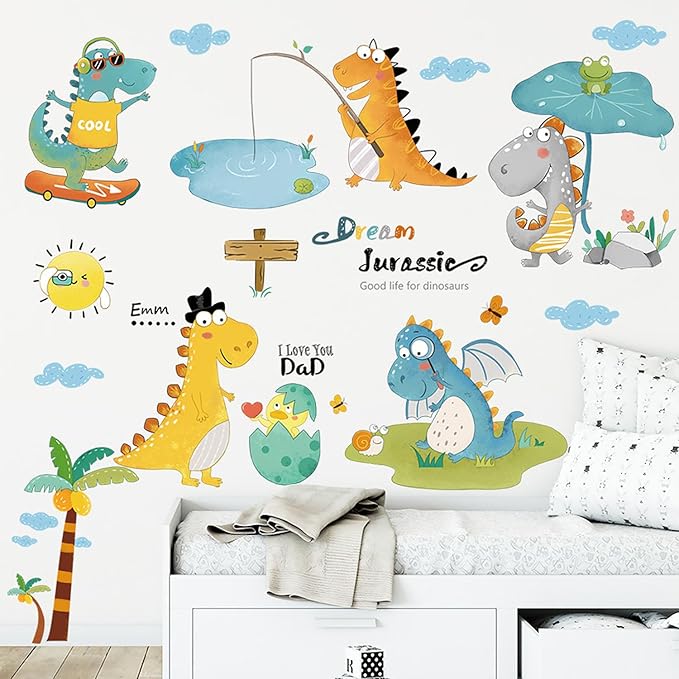 Cartoon Dinosaur Wall Decals Tyrannosaurus Rex Dinosaur Eggs Wall Stickers for Boy's Room Kids Baby Nursery Bedroom Playroom Living Room Wall Decor