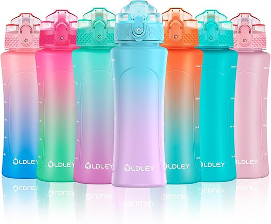 OLDLEY Kids Water Bottle with Straw 15 oz BPA-Free Leak-Proof Motivational Water Bottles with Time Marker for School Sports Travel Gym, Easy to Use for Girls Goys, 1 Straw Lid, Blue Purple