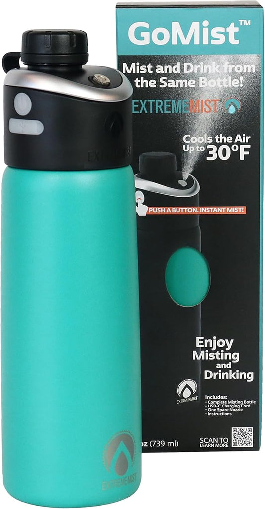ExtremeMIST - GoMist Misting & Drinking Bottle - Personal Mister - Cooling Water Bottle with Easy-Drink Spout - Stainless-Steel Double Wall Insulation - Portable Mist Bottle - Marine Teal - 25oz/750ml