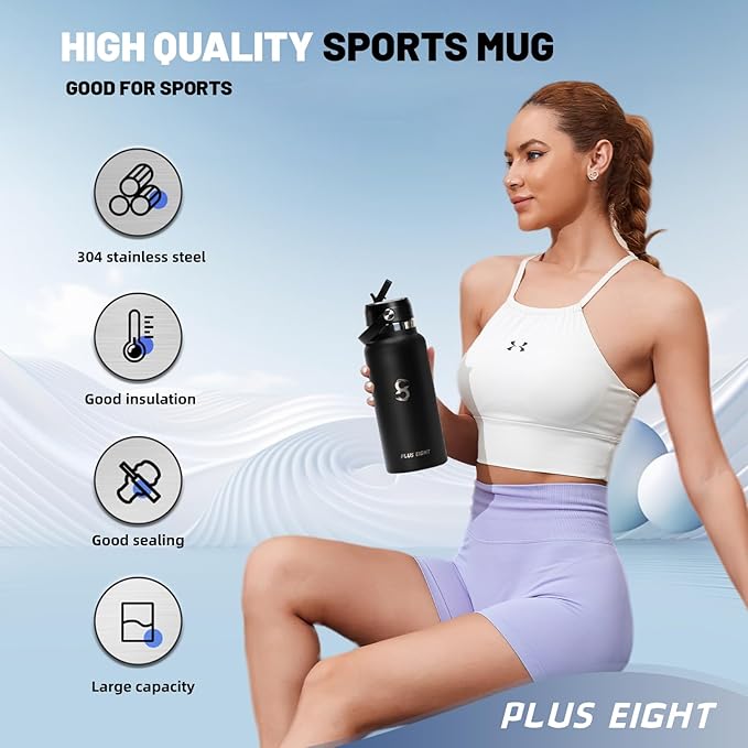 Sports Water Bottle, 32 oz Insulated Water Bottle With Straw, Stainless Steel Water Bottle Wide Mouth for Sports, Gym or Office, BPA-Free Keep Cold 24H Hot 12H (Black)