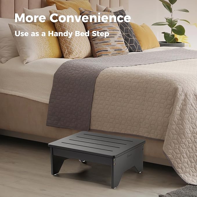 StrongTek Bamboo Step Stool for Adults, Bedside Step for High Beds, 300 Lbs Capacity, Non-Slip Bed Foot Stool with Rounded Edges, Small One Step Stool for Bathroom, Bedroom, Garden, Kitchen (Black)