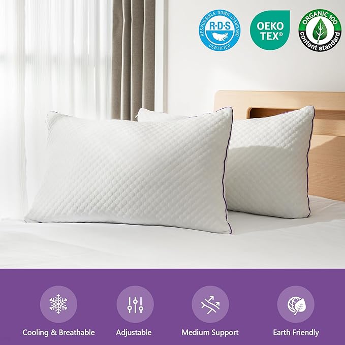 BPC Cooling Pillows Queen Size Set of 2 - Adjustable Shredded Memory Foam Pillow with Removable Cover Medium Firm Pillow for Side Stomach and Back Sleepers, CertiPUR-US