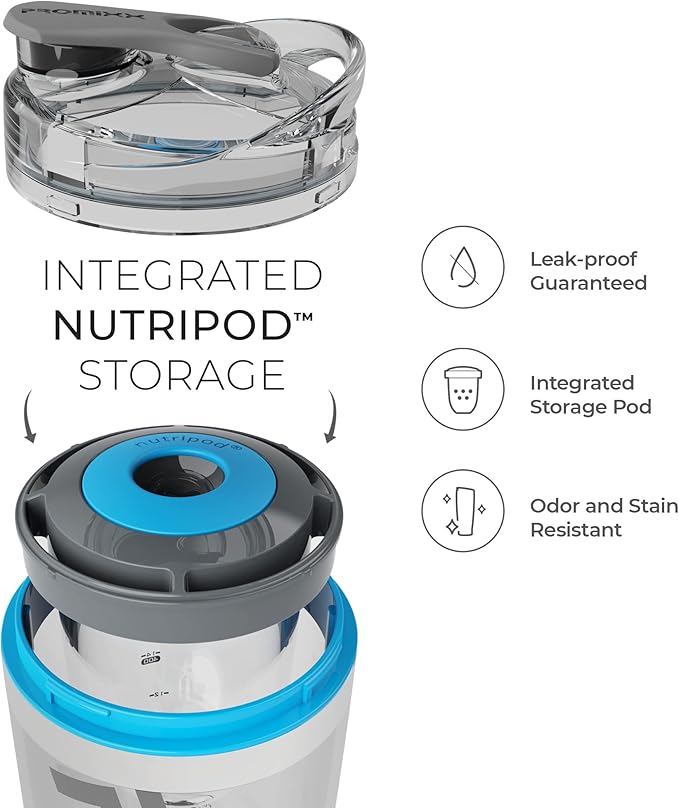 Promixx Pro Shaker Bottle (iX-R Edition) | Rechargeable, Powerful for Smooth Protein Shakes | includes Supplement Storage - BPA Free | 20oz Cup (Silver Blue/Gray)