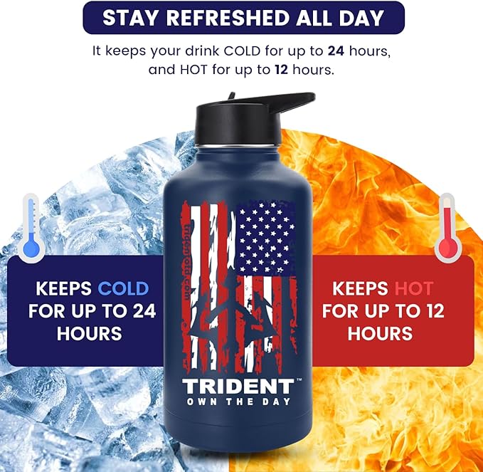 American Flag 64 oz Water Bottle, Reusable Water Bottle with Straw, Leak Proof Water Bottles, 64oz Insulated Water Bottle, Thermos Water Bottle - Retired Navy Vet Small Business (Dark Blue, 64 Oz)