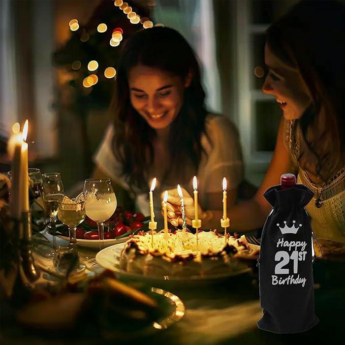 comfit 21st Birthday Wine Bag, 21st Birthday Party Decoration Wine Bag Gifts, Happy Birthday decor, Pairs Well with Celebrating Birthday Wine Bag for Her Him,Black