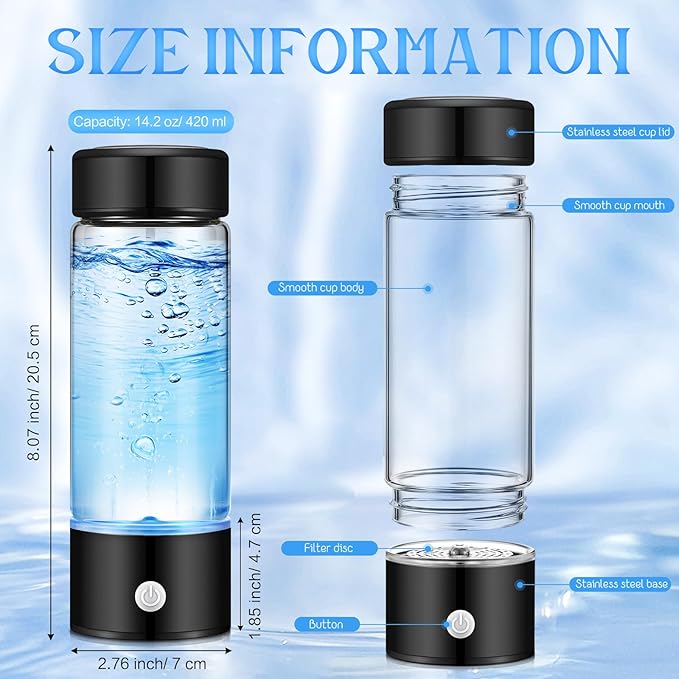 Honeydak Hydro Booster Hydrogen Water Bottle 420 ml Hydrogen Water Ionizer Machine Portable Hydrogen Water Generator USB Rechargeable Water Hydrogenator for Home Office Travel (Black)