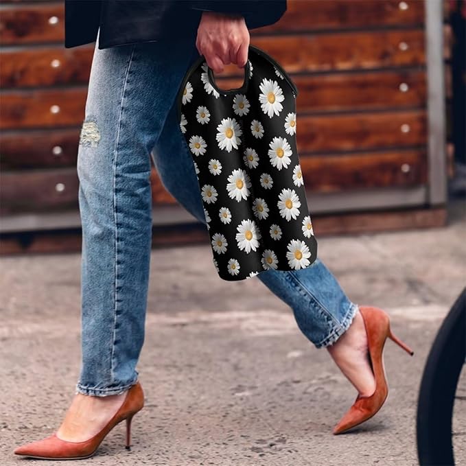 doginthehole 2 Bottle Wine Carrier Daisy Champagne Carrier Bag Neoprene Wine Tote Bags Reusable Wine Bottle Protector Insulated Wine Bag Wine Cooler Bag Wine Accessories Gift for Women Wine Lover