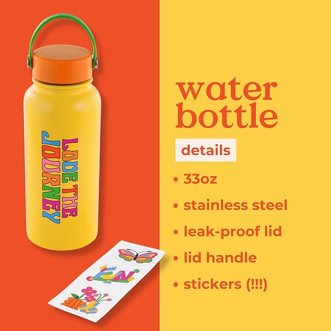 ban.do Large Water Bottle with Waterproof Sticker Pack, Stainless Steel Double Wall Tumbler, 33 Oz Insulated Metal Water Bottle (Love the Journey)