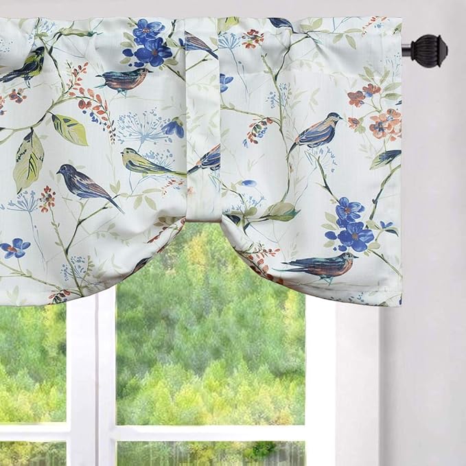 Leeva Kitchen Valance Tie Up Small Curtains and Valance for Dining Room, Delicate Tie-up Birds Pattern Valances for Windows, One Panel, 52 X 18 Inch, Blue