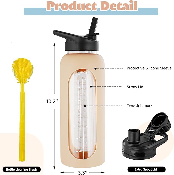 SIEROZUR 32 oz Glass Water Bottle with Straw and Handle Large Sports Motivational Water Bottle with Time Marker and 2 Lids, Leakproof Reusable Water Jug with Silicone Sleeve for Gym