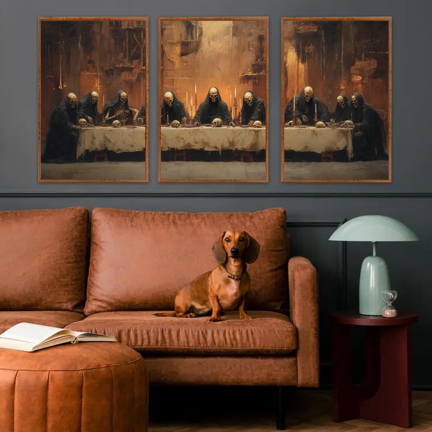 KAIRNE Framed Skeleton Canvas Wall Art,Abstract Retro Skull Pictures Set of 3(16”X24”),Scary Halloween Prints,Horror Wall Art,Skeleton Last Supper Posters for Living Room Bedroom Ding Room Decoration