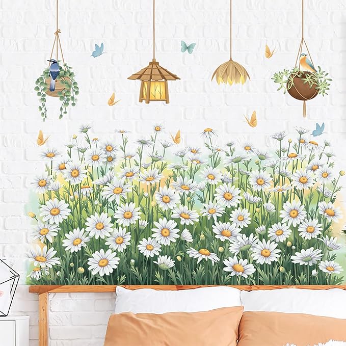 White Daisy Kicks Wall Decals Flowers Wall Corner Stickers Garden Floral Butterflies Baseboard Skirting Line Wall Stickers for Baby Kids Girls Bedroom Living Room Corners Skirting Lines Waist Lines