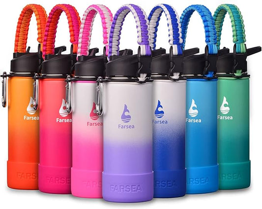 Farsea Insulated Water Bottle With Paracord Handle, Protective Silicone Boot and 2 Lids (Straw Lid & Spout Lid), Stainless Steel Water Bottle Wide Mouth, Double Wall Sweat-Proof BPA-Free, 18 oz