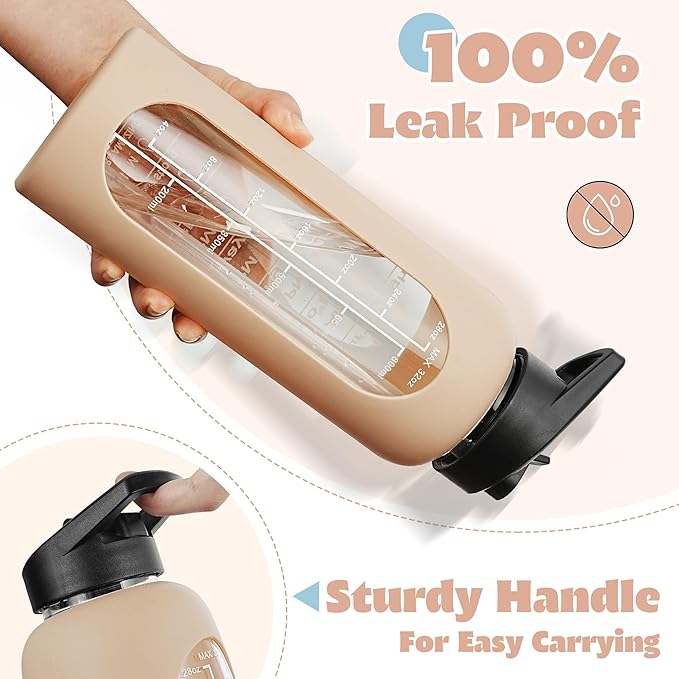 SIEROZUR 32 oz Glass Water Bottle with Straw and Handle Large Sports Motivational Water Bottle with Time Marker and 2 Lids, Leakproof Reusable Water Jug with Silicone Sleeve for Gym
