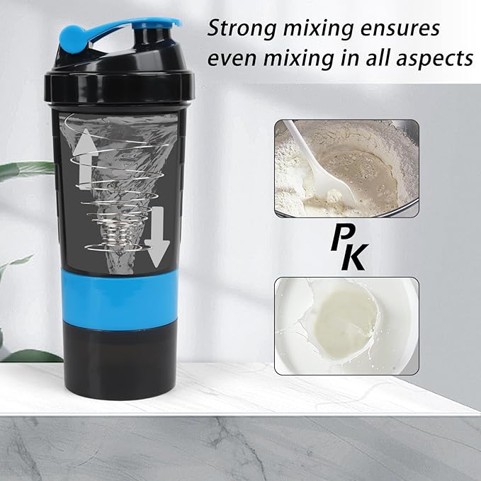 Shaker Bottle - Protein Shaker Cup with Storage Compartments - Leak-proof Workout Shake Bottles with Mixer for Smooth Mixing-500ML/16oz (BLUE & BLACK)