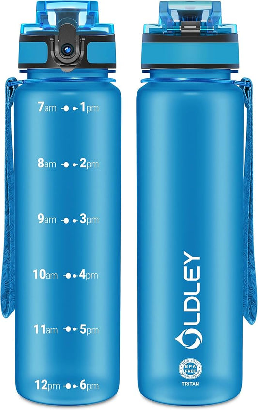 OLDLEY 32 oz Water Bottle, Motivational Water Bottle with Time Marker, Sports Water Bottle With Strap, Leakproof & BPA Free Large Water Bottles for School, Gym, Travel, Outdoor, Tritan,Blue