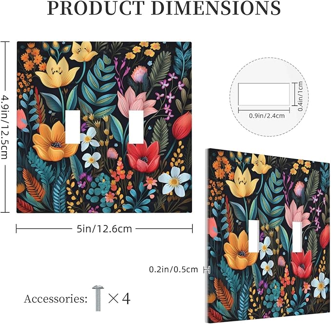 Boho Floral Vintage Flower Leaves Rustic Wildflower Plants Double Toggle Light Switch Covers 2 Gang Wall Plate Dual Decorative Switchplate Electrical Faceplate for Country Bathroom Bedroom Decor