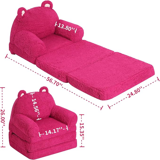 Foldable Kids Sofa, Sherpa Pink Teddy Bear Toddler Couch with Tri Folding Foam Cushions, Comfy Kids Couch for Kids Age 3-6